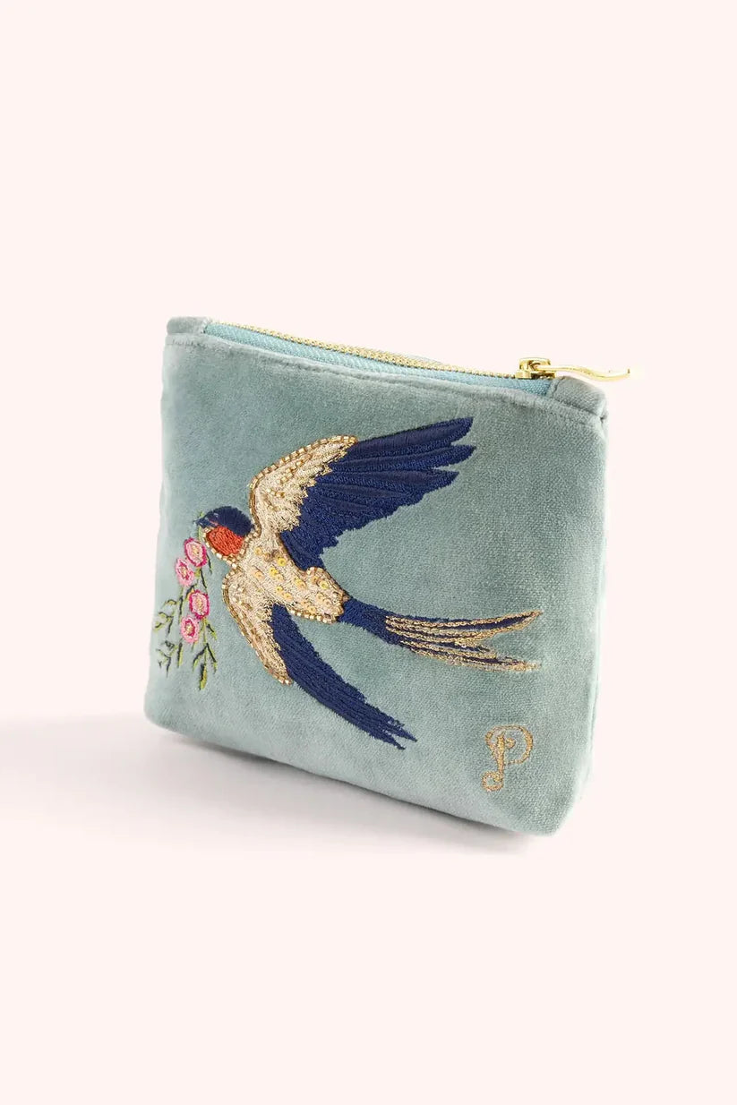 Mini Pochette Brodée en Velours - Hirondelles