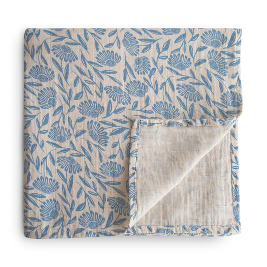 Couverture en Mousseline de Coton Biologique - Blue Flowers