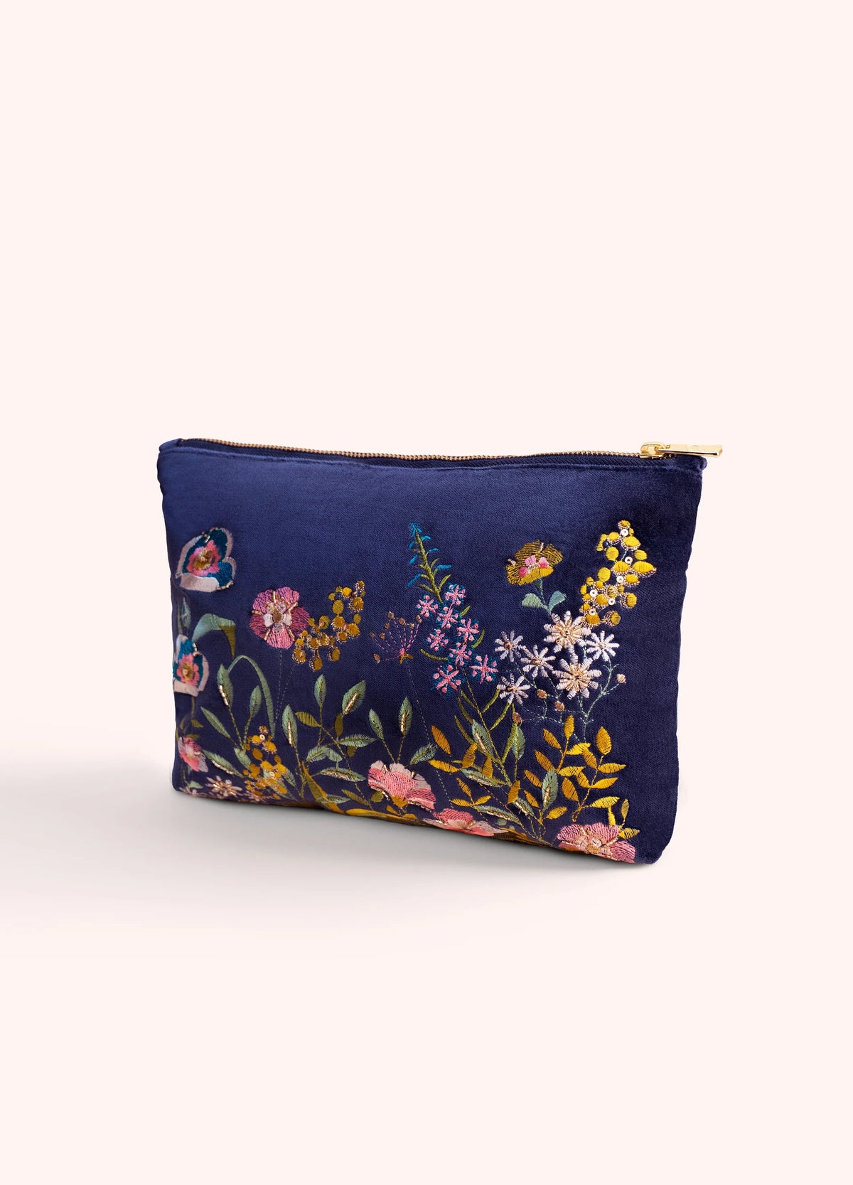 Grande Pochette Brodée en Velours - Navy Floral Hedgerow
