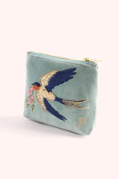 Mini Pochette Brodée en Velours - Hirondelles
