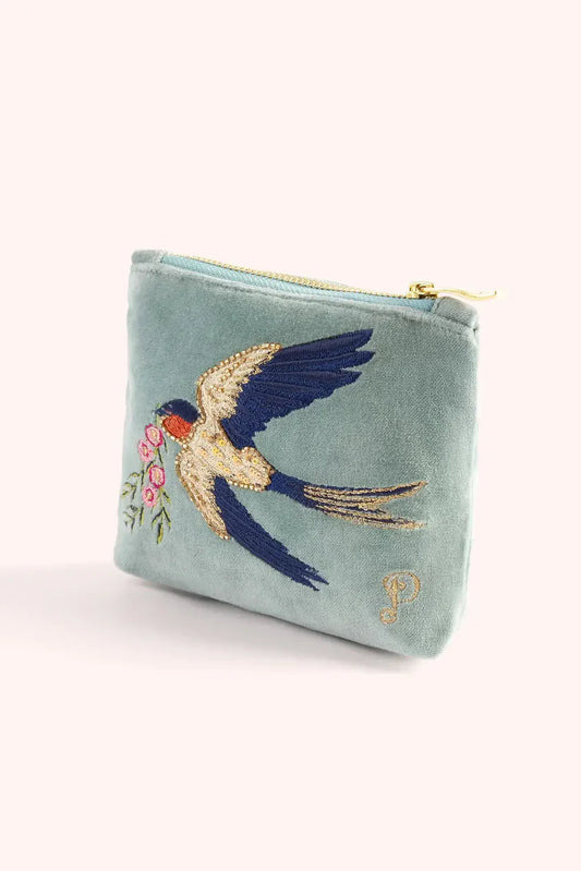 Mini Pochette Brodée en Velours - Hirondelles