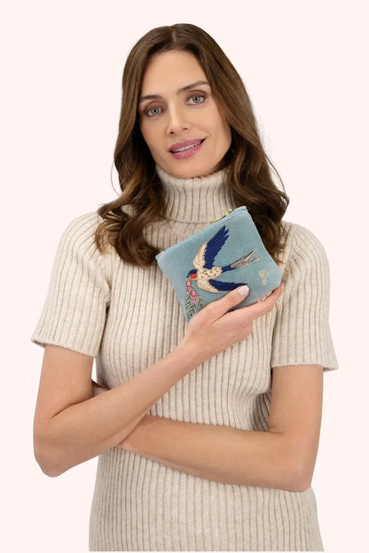 Mini Pochette Brodée en Velours - Hirondelles