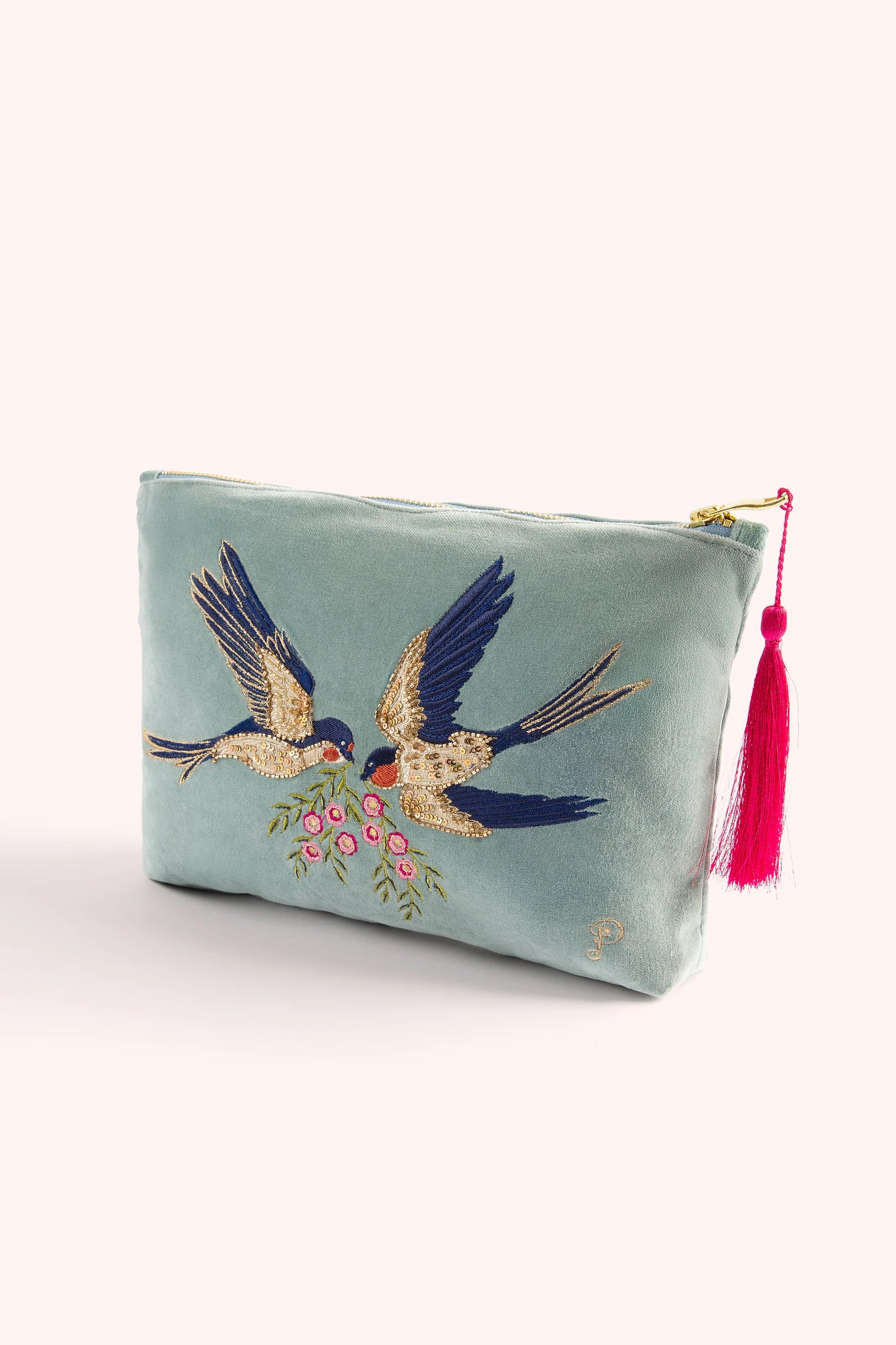 Grande Pochette Brodée en Velours - Hirondelles
