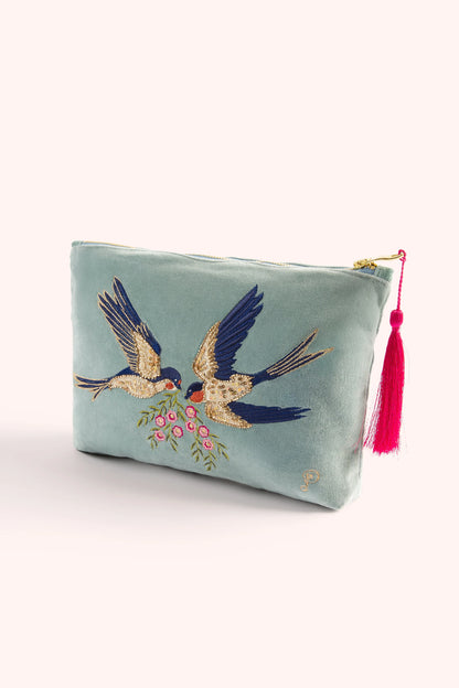 Grande Pochette Brodée en Velours - Hirondelles