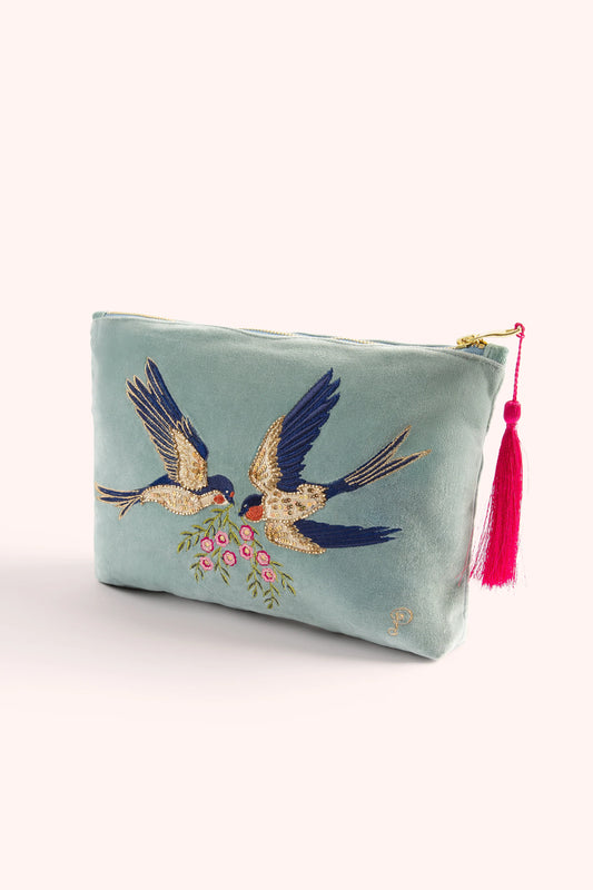 Grande Pochette Brodée en Velours - Hirondelles